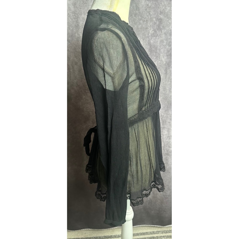 Y2K Hannah Jo Black Sheer Lace Silk Blouse Romantic Whimsigoth Babydoll Top XS/S - Picture 4 of 13